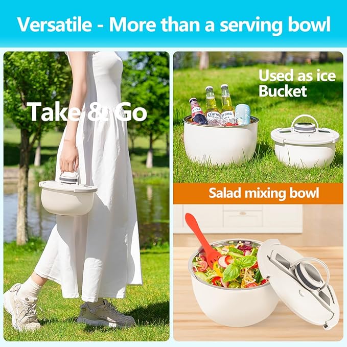Double-Walled Stainless Steel Insulated Serving Bowl with Leak - Proof Lid - Insulated Casserole Dish - Keeps Food Warm and Cold for Hours - Perfect for Holidays Parties Camping - (5QT White)