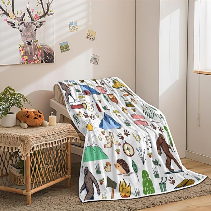 Bigfoot Camping Blanket Outdoor Camper Theme Froest Animal Mountain Bear Big Foot Plush Throw Blanket Soft Fuzzy Flannel Blanket for Bed Couch Sofa Decor Blankets RV Camping Bigfoot Blankets Gifts
