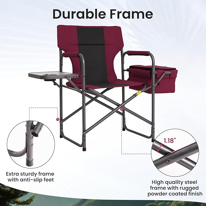 Director Camping Chair - 400lbs Heavy Duty with Cooler Bag &amp Foldable Side Tray Portable Outdoor Lawn Chair for Backyard/Fishing/Beach (Wine Red)