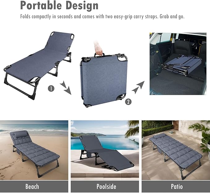 ATORPOK Folding Camping Cot for Adults with Padded Mattress and Pillow Adjustable Reclining Lounger Sleeping Cot Bed Ideal for Camping Travel Garden or Office Use Blue