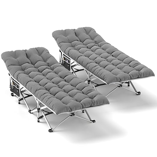 DWVO 2PCS Camping Cots Portable Recliner Lounge Chair w/Mattress Outdoor Folding Cot Heavy Duty 575 LB Capacity 1200D Oxford w/Carry Bag Travel Camp Bed for Camping Office Traveling Grey