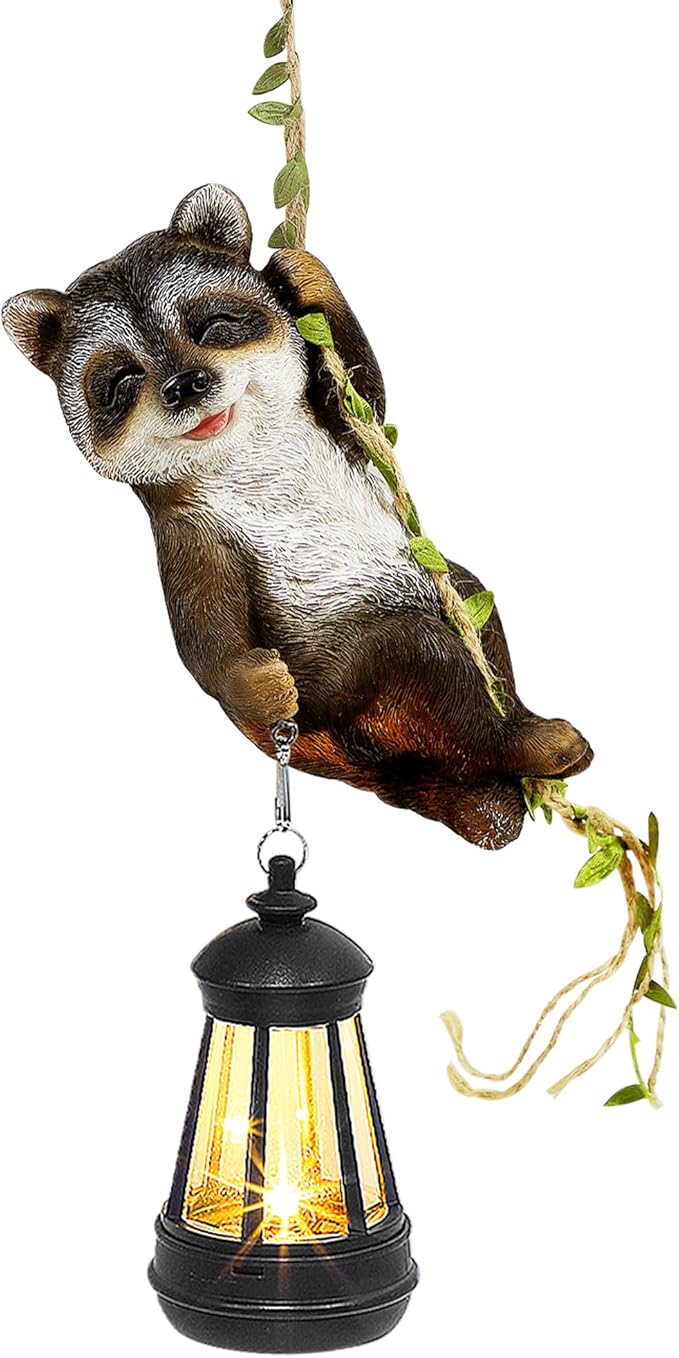 Solar Hanging Raccoon Statue Outdoor Resin Animal Figurine with LED Lights for Garden Fence Porch Patio Yard Decor Dusk to Dawn Auto On/Off