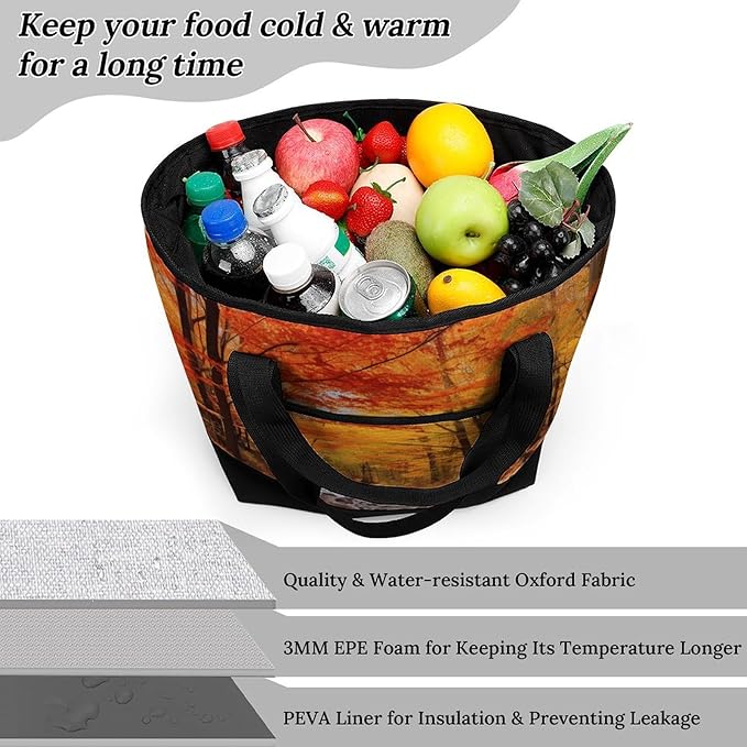 Insulated Shopping BagLarge Reusable Cooler Bags Fall Foliage Printed Foldable Shopping BagTravel Waterproof Shoulder Bag