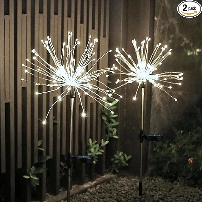 Solar Firework Lights 2Pcs Garden Lights Outdoor Waterproof 120 LED with 8 Modes Twinkling and Steady-On Festive daysStarburst Lights for Path Patio Yard (Cool White)