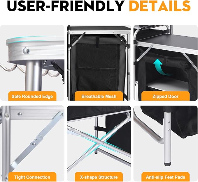 Camping Kitchen Table Folding TableOutdoor Cooking Table with Storage Carrying Bag Aluminum Cook Station with Windscreen and 3 Multifunctional Storage Cupboards BBQ Outdoor RV Party