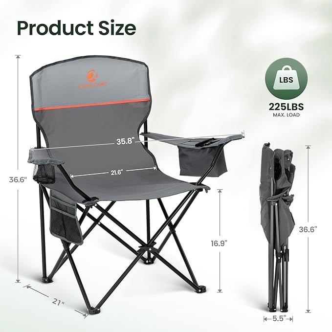 HIGH POINT SPORTS 2 Pack Portable Camping Chair for Adults Folding Outdoor Camp Chair Lightweight Lawn Chairs Folding Collapsible Chair for Camping Tailgates Beach Gray Support 250 lbs