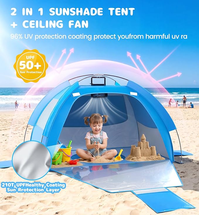 Baby Beach Tent Solar Cooling Fan Anti-UV Toddler Beach Tent Sun Shelter Portable Travel Fan Beach Shade Tent Baby Play Tent Built-in Ceiling Fan Sun Shelters Toddler Beach Essentials