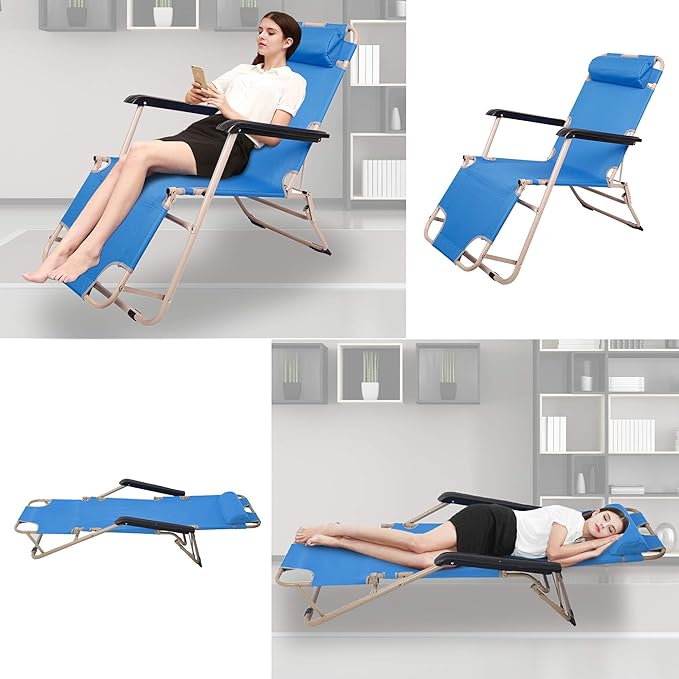 LUCKYERMORE 4 Pack Beach Outdoor Lounge Chairs Tanning Lounge Chair and Full Flat Cot 2 in 1 Folding Reclining Chairs for Outdoor Lawn Beach Pool Camping 60 L x 19 W Blue