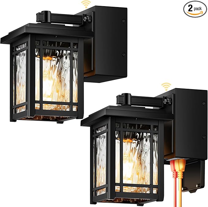 2-Pack Porch Light with GFCI Outlet Black Dusk to Dawn Outdoor Lantern Wall Mount Modern Outdoor Sconces Wall Lighting with Glass Shade Waterproof Outdoor Light Fixtures for House Garage