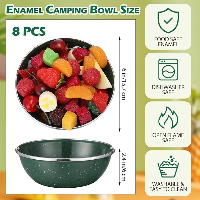 Sawysine 8 Pcs 6 Inch Enamel Bowl for Camping and Backpacking Enamelware Mixing Bowls Camping Cookware for Outdoor Cooking Picnic Snacks Home Farmhouse(Green)