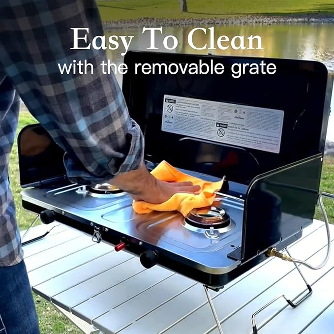 Camping Stove 2 Burners Portable Propane camp Stove with Regulator Integrated Igniter &amp Stainless Steel Drip Tray &amp Built-in Handle &amp Foldable Legs for Outdoor Cooking and Travel-20000 B