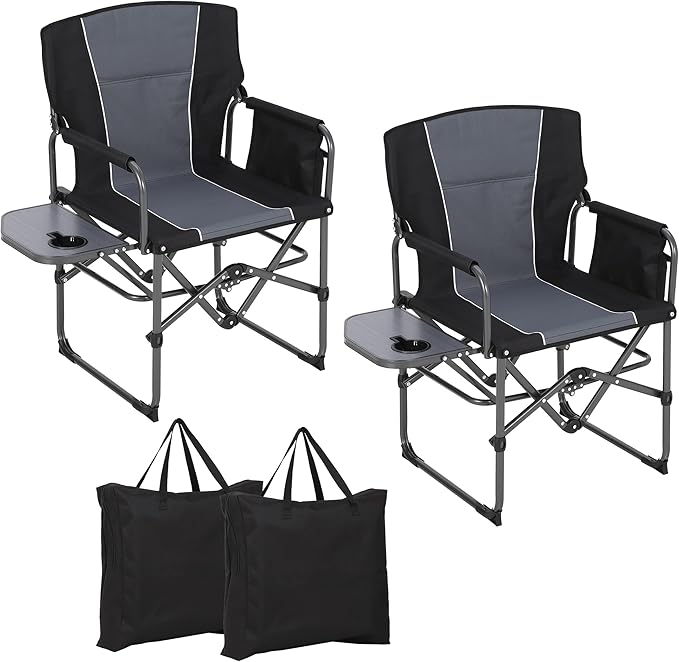 GarveeLife Oversized Folding Director Camping Chair 2 Pcs Heavy Duty Portable Outdoor Chair with Aluminum Side Table &amp Pocket Support 400 LBS Metal Frame for Lawn Fishing Sports Events Black