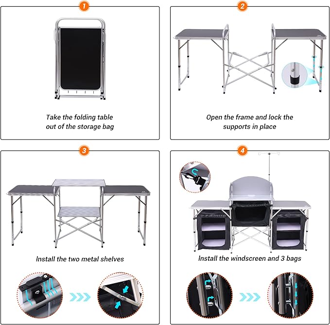 Nice C Camping Kitchen Table Folding Grill Table Upgrade Light Stand and Windshield Cooking Station &amp 3 Organizers Carry Bag for Outdoor Beach BBQ Picnic Cooking Indoor Office(Silver)