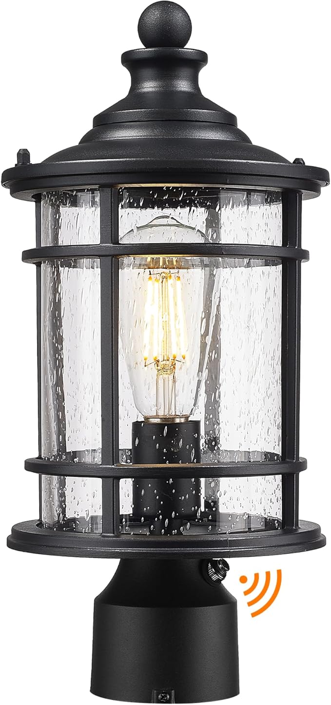 Emliviar 14.9 Inch Dusk to Dawn Outdoor Lamp Post Light Black Pole Light Fixture with Photocell Sensor Outdoor Post Lantern with Seeded Glass Shade XE229P PC BK