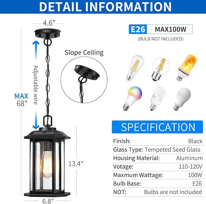 13.4'' Dusk to Dawn Outdoor Pendant Lights for Porch Black Hanging Porch Light with Seeded Glass Waterproof Outdoor Chandelier Farmhouse Ceiling Light Fixture Lanterns 1Pack