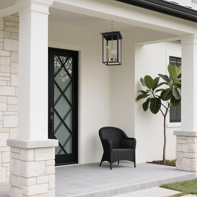 LamQee Large Outdoor Pendant Lights 3-Lights Black and Gold Outdoor Chandelier Lighting Fixture Modern Exterior Ceiling Hanging Lantern with Glass for Porch Front Door Patio Gazebo Entryway Foyer