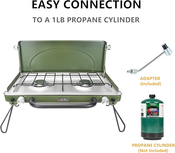 ONLYFIRE OUTDOOR LIVING Portable Camping Gas Stove 2-Burner Propane Camp Stove with Foldable Legs Heavy-Duty Latch &amp Handle for Patio Cooking Camping Tailgating RV BBQ Green GS331