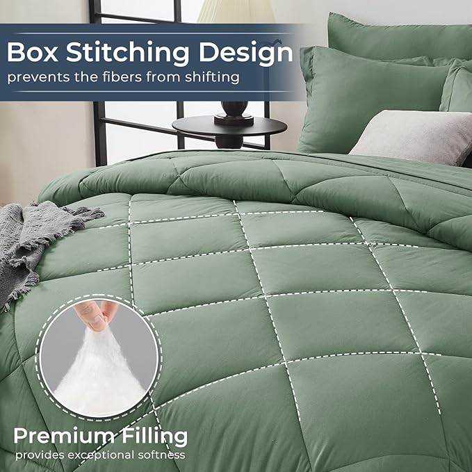 HEVUMYI Sage Green King Comforter Set - 7-Piece All Season Bed in a Bag King Ultra Soft Bedding Set with Comforter Flat Sheet Fitted Sheet Pillowcases Pillow Shams Sage Green
