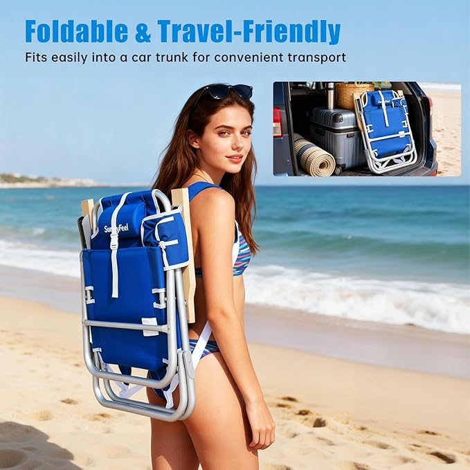 SUNNYFEEL Low Back Folding Beach Chair Aluminum Heavy Duty Beach Chair with 5-Position Portable Camping Chair for Adults with Wood Armrest Lightweight Camping Chair 300lbs Blue 2 Pack