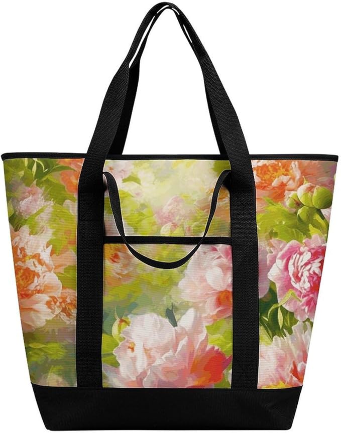 Insulated Shopping BagLarge Reusable Cooler Bags Bright Peonies Printed Foldable Shopping BagTravel Waterproof Shoulder Bag