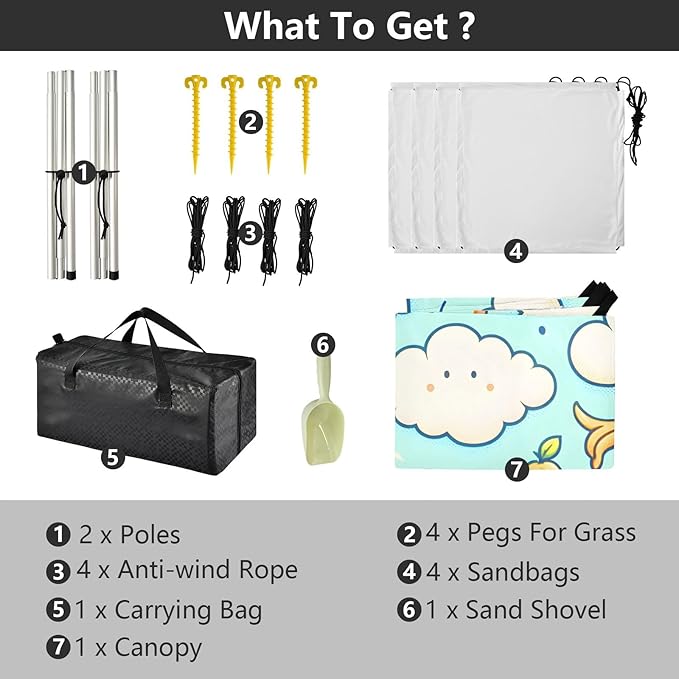 Cartoon Clouds Simple Strokes of Fruits Seamless Image Camping Sun Shelter Beach Tent Portable Beach Sun Shade Outdoor Canopy for Camping Trips Fishing Picnic