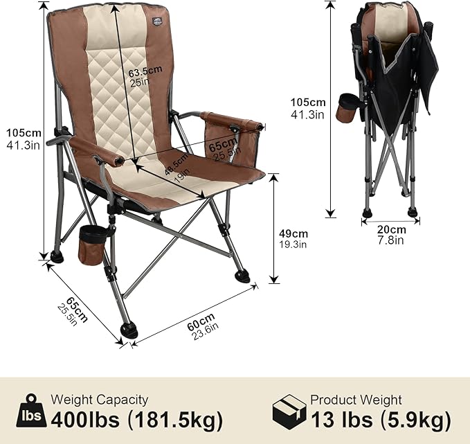 Folding Padded Camping Chair with Hard ArmrestCup HolderHeavy Duty for AdultsPaded BackrestPortable Lawn Lightweight Outdoor Camp ChairSupport up to 400lbs