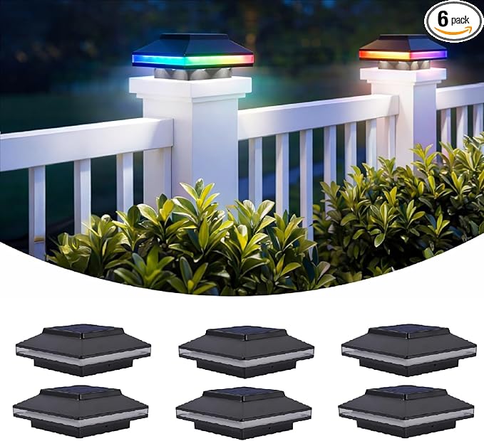 4x4 Solar Post Cap Lights for Fence Deck Lights Solar Powered with RGB Color/Warm White Lighting Modes Weatherproof LED Post Tops (6 Pack)
