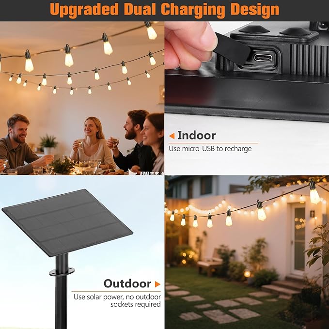 50FT Solar String Lights Outdoor with Remote IP65 Waterproof Shatterproof ST38 LED Bulbs 2700K Dimmable Outside Hanging Lights for Patio Garden Camping Deck Backyard Decor