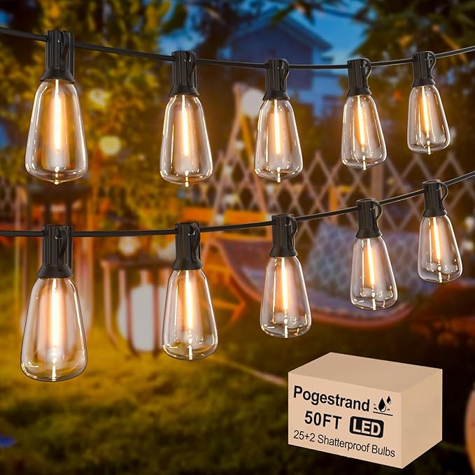 LED Outdoor String Lights 50ft ST38 Waterproof Patio Lights with 25 Vintage Shatterproof Bulbs(2 Spare) Dimmable Outside Hanging Edison String Lights for Backyard Porch Balcony Decor Warm White