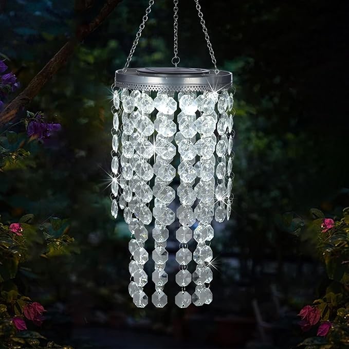 Hanging Solar Crystal Chandelier Outdoor 21” Modern Solar Transparent Acrylic Beaded Lantern with Cool White LED S Hooks for Garden Yard Patio Gazebo Outside Decor