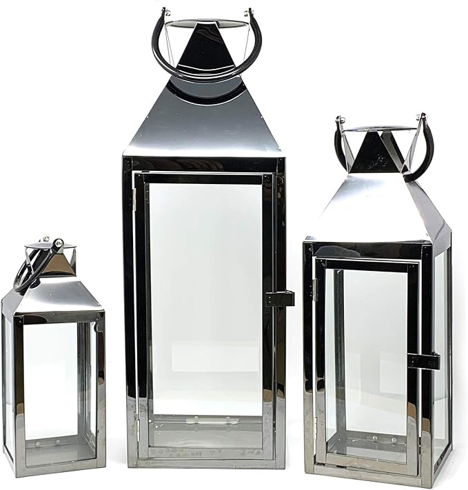 Allgala 3-PC Lantern Set 24 Inch Jumbo Deluxe Modern Indoor/Outdoor Candle Lantern Set Black Stainless Steel Frame Tempered Glass Pyramid Top for Garden Poolside Fireplace Wedding