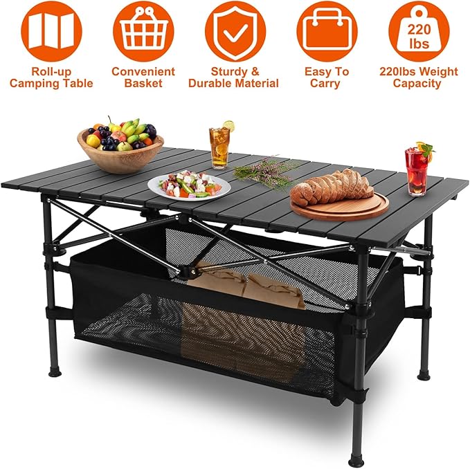 Folding Camping Table Portable Aluminum Roll-up Lightweight Picnic Table with Large Storage Basket and Carrying Bag for Camping Picnic BBQ Beach Party Backyard