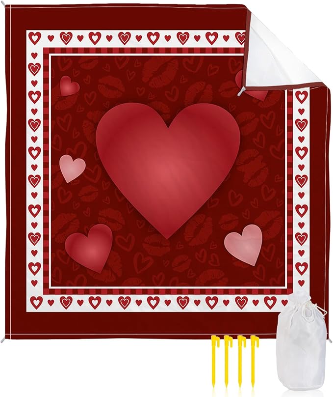 Beach Blanket Waterproof Sandproof OversizedValentine's Day Romantic Love Hearts Beach Mat with Corner Stakes Sand PocketsLip Kiss Texture on Red Outdoor Picnic Mat for Travel Camping108x84In