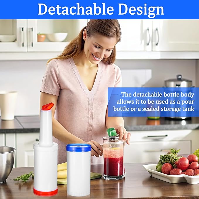 6-Piece Professional Bar Juice Pour Bottles Set - 0.9 Quart Juice Pourers for Bartending Store and Pour Containers for Bar with Leakproof Spouts (Multicolor 3.7x13 Inch PP Plastic)