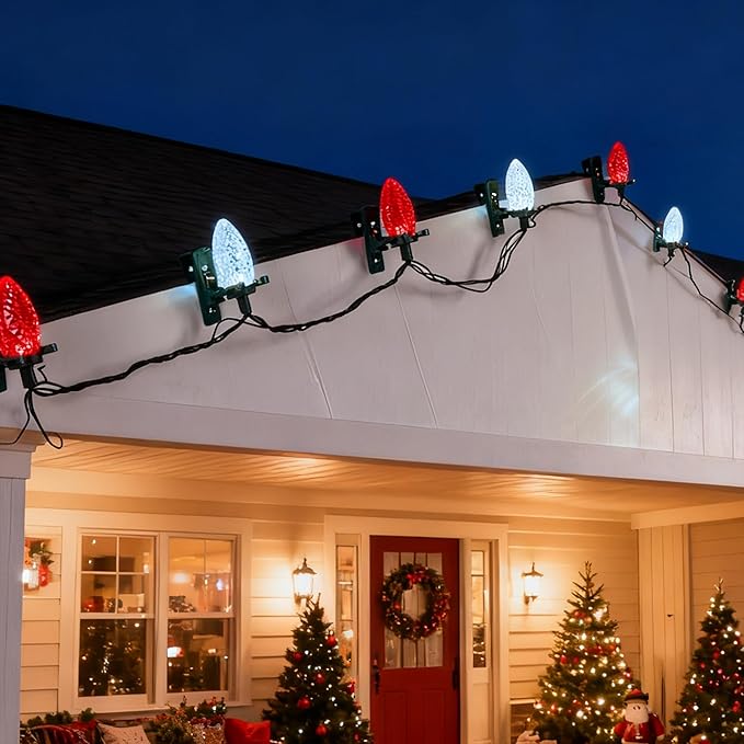 Dazzle Bright C9 Christmas String Lights 100 LED 66 FT Waterproof Connectable Fairy Lights with 100 Spring Clips Timer Christmas Decoration for Outdoor Roofline Home Garden Yard Tree (Red &amp Whit
