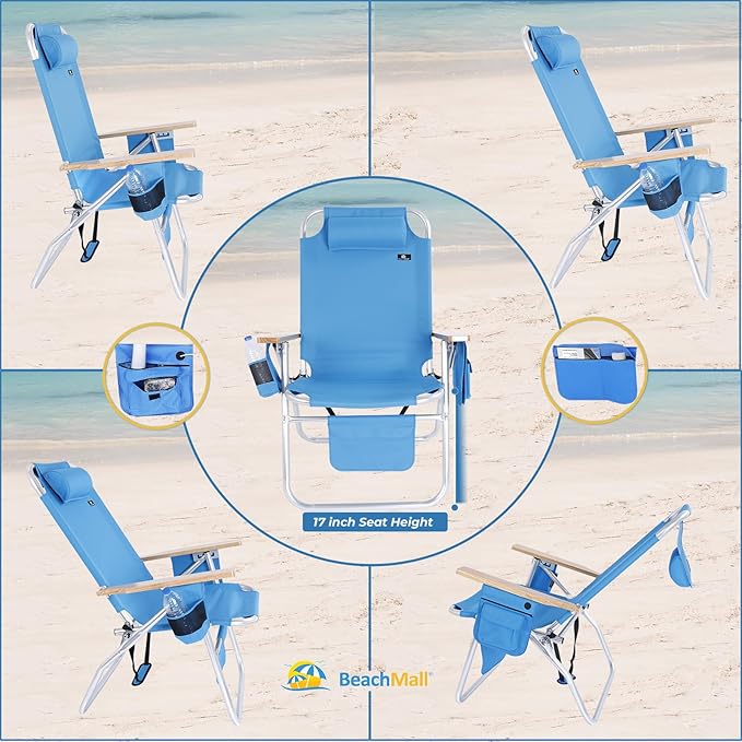 Deluxe XL Tall 17 Inches High Seat Beach Chair for Adults Heavy Duty Aluminum Frame Wide Plus Size 300 lb Capacity