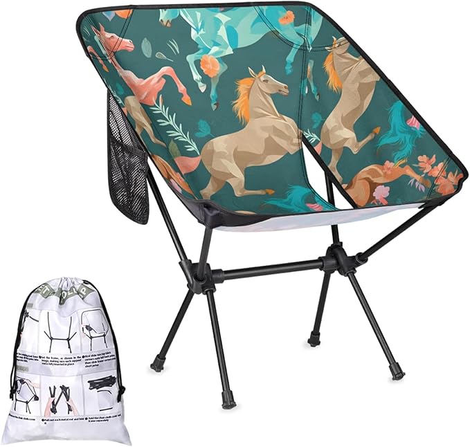 Honeybaby Folding Camping Chair Horses Flowers Print Camping Chairs Lightweight Portable Chair Outdoor Foldable Chairs for Camping Travel Picnic Beach Hiking
