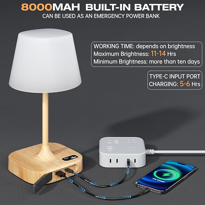 Lightbiz Outdoor Table Lamp Shower Lamp with 8000mAh Cordless Rechargeable Battery IP55 Waterproof 3 Colors &amp 5 Brightness Dimmable LED Display Bath Lamp for CampingBedroomPatioBathroom(Woo