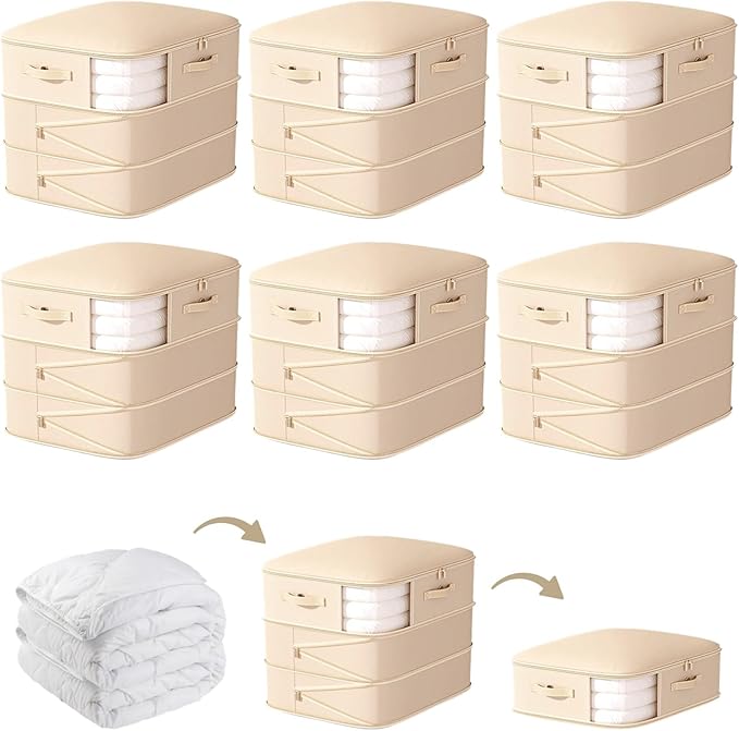 6 Pcs Comforter Storage Bag 3-tier Compression Storage Bags Large Capacity Sheet Organizer with Zipper Window Ultra Space Saving Self Compression Organizers Bedding Storage Bag for Blanket Sheet