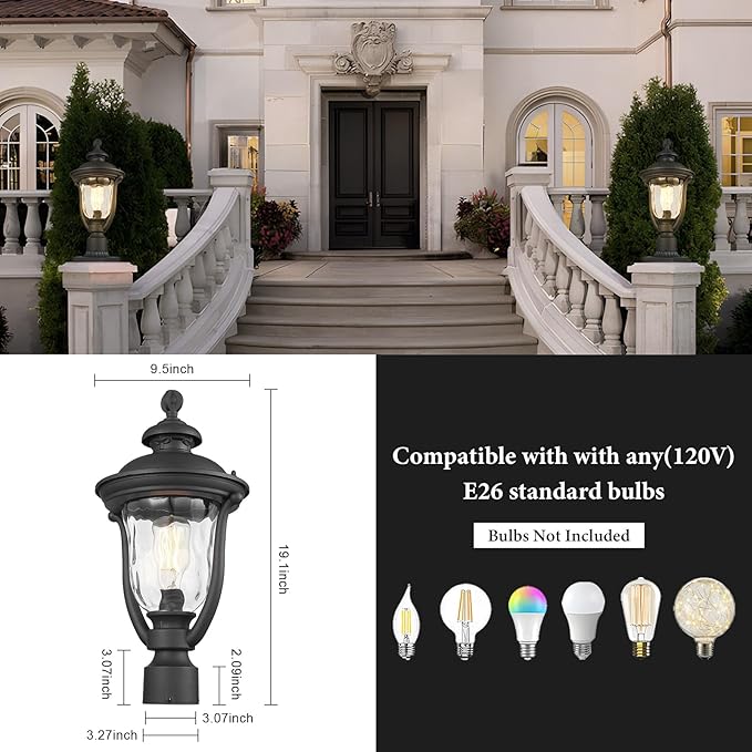 Outdoor Post Lights Modern Exterior Lamp Posts Light Fixtures Waterproof and Anti-Rust Aluminum Outside Pole Latern for Porch Patio Garden Water Ripple Glass Lamp Shade Black Finish