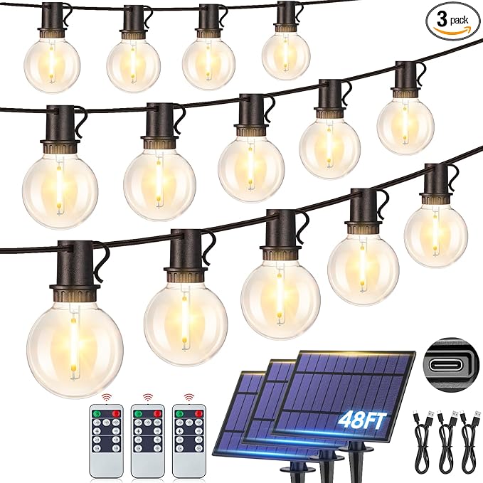 Mlambert 144FT(3x48FT) Solar String Lights with Remote Outdoor Waterproof Patio Light with 54 LED Shatterproof G40 Bulbs(3 Spare) for Yard-Black Wire