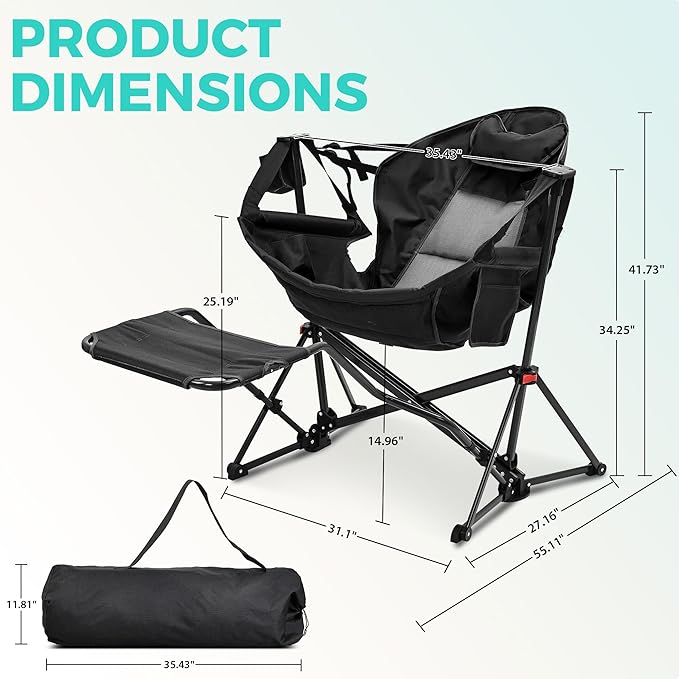 Ainfox Hammock Chair with Footrest Oversized Swinging Portable Folding Camping Chairs for Adults Outside Swinging Camp with Cup Holder Pillow for Outdoor Patio Lawn Black