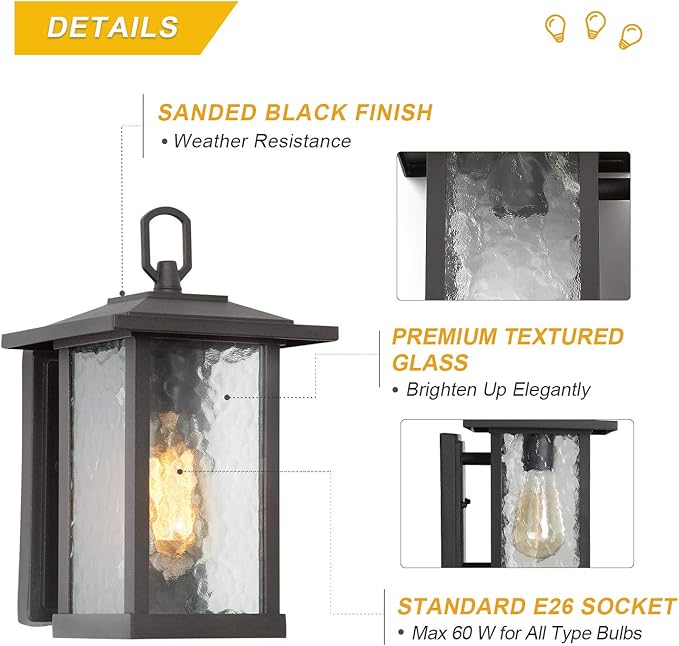 LALUZ Rectangle Outdoor Light Fixtures Wall Mount Weather-Proof Porch Lights Outdoor with Water Ripple Glass Anti-Rust Outdoor Wall Lantern for Patio Yards Garden Front Door Matte Black Finish