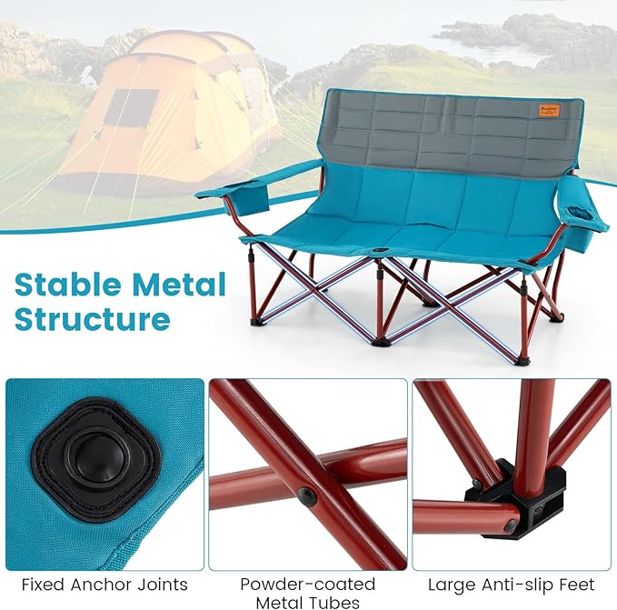 Goplus Double Camping Chair for Adults Low Outdoor Folding Loveseat Couch Chair w/Cup Holders Thick Padding Heavy-Duty 2 Person Lawn Chair for Beach Picnic Travel Supports 660 LBS(2-Person Seat)
