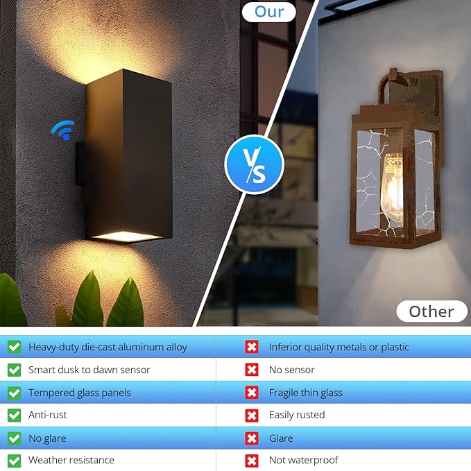 wowlite Modern Up Down Wall Lights Outdoor with Dusk to Dawn Photocell Sensor LED Outdoor Wall Lighting Waterproof Bronze Porch Lantern 13 Square Wall Sconce for House Garden Entrance