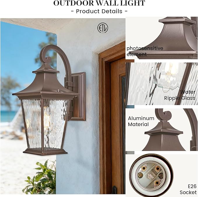 18 Inch Height Porch Lights Outdoor Aluminum Modern Outside Lights for House ORB Finish Exterior Lighting Fixtures with Water Ripple Glass E26 Socket