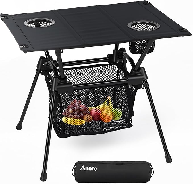 Anbte Ultralight Portable Camping Table 3.2lb Folding Camping Table with Cup Holders &amp Storage Net 20in Height for Camping Hiking Tailgating Beach Picnic Travel Patio 23 x 16 Black