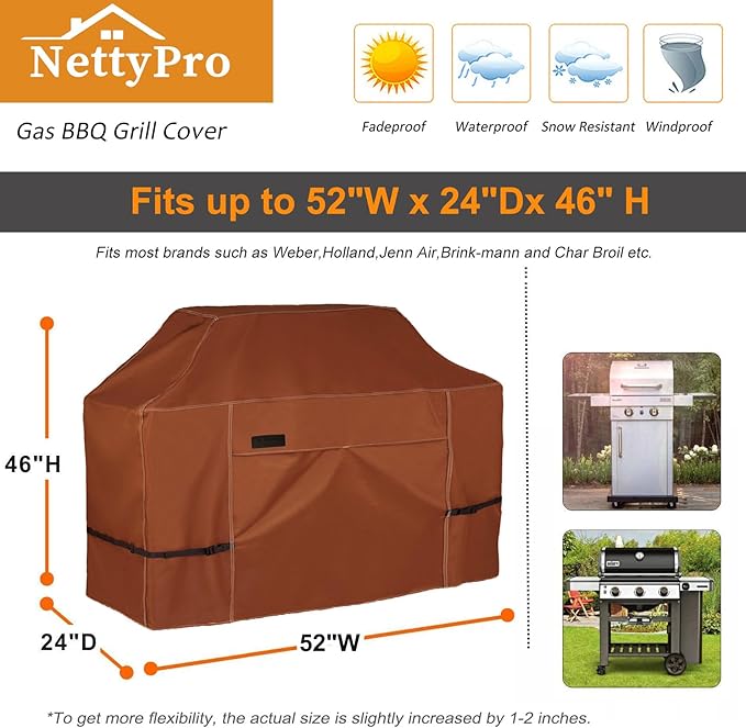 NettyPro BBQ Grill Cover 52 inch Heavy Duty Waterproof Outdoor 2-3 Burners Gas Grill Cover for Outside Weber Char-Broil Brinkmann Nexgrill Barbecue Brown