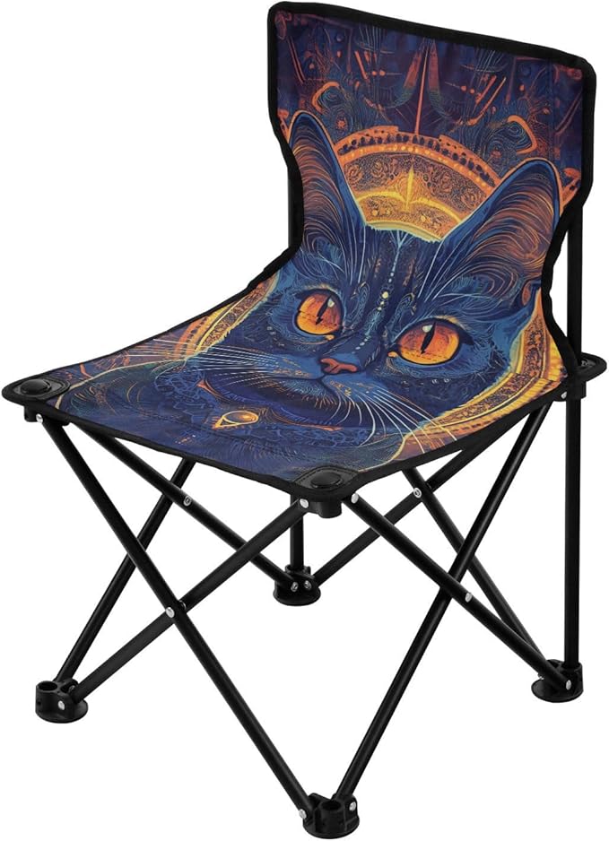 Cat with Yellow Eyes Boho Style Collapsible Foldable Chair Ultralight Portable Chairs for Adults Includes Carry Bag Hiking Chair for Fishing Fishing