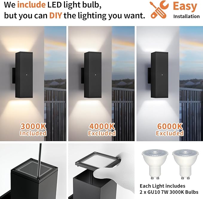 Dusk to Dawn Outdoor Lighting LED Square Up and Down Outdoor Sconce Lights Matte Black Exterior Lighting Fixtures with 7W LED Bulbs Front Porch Lights for house Garage Patio Doorway 4 Pack